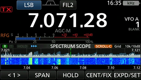 Icom IC-7300MK2 screen example showing a spectrum scope and blue waterfall around 7.071 MHz