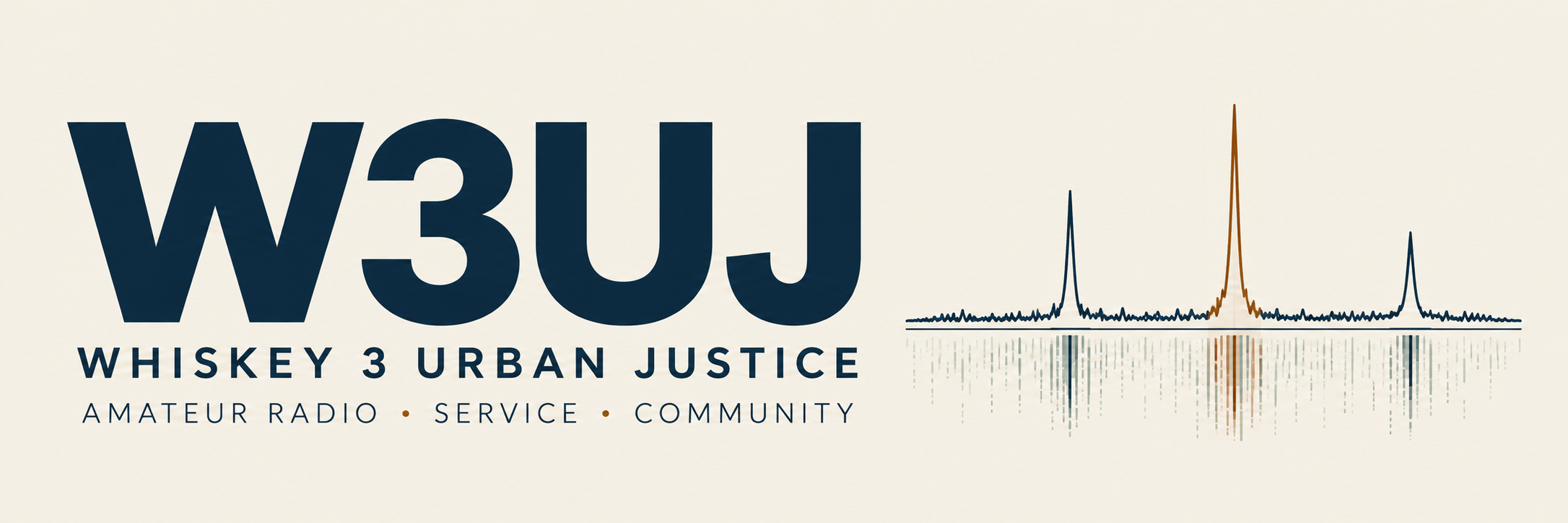 W3UJ — Whiskey 3 Urban Justice. Amateur Radio, Service, Community. Navy lettering and a copper-accented spectrum and waterfall motif on cream.
